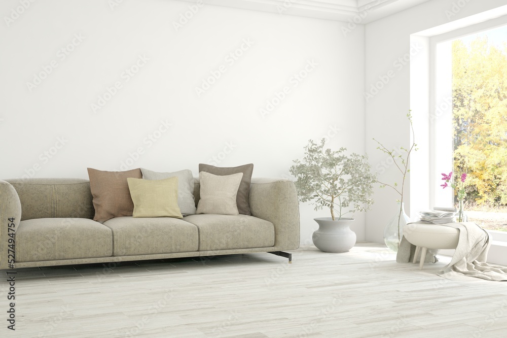 Stylish room in white color with sofa. Scandinavian interior design. 3D illustration Stylish room in white color with sofa. Scandinavian interior design. 3D illustration