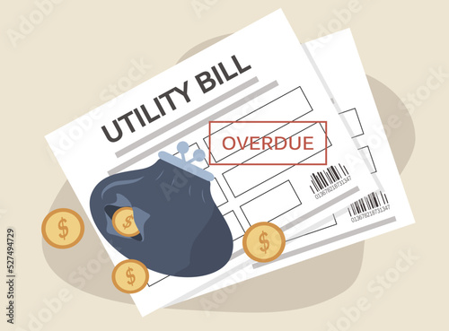 vector illustration in flat style on the theme of high utility bills. overdue bills and a holey wallet with coins