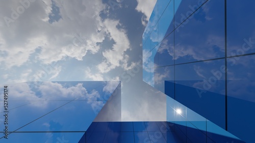 Blue glass window financial building over blue sky 3D rendering architecture wallpaper backgrounds