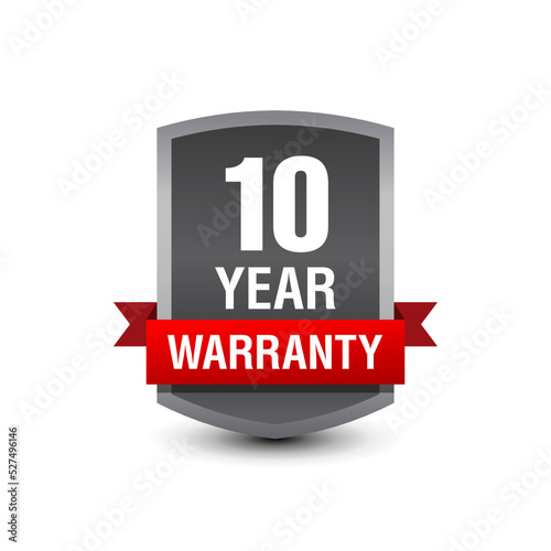 Strong powerful 10-Year warranty vector badge logo with red ribbon isolated on white background. 
 photo