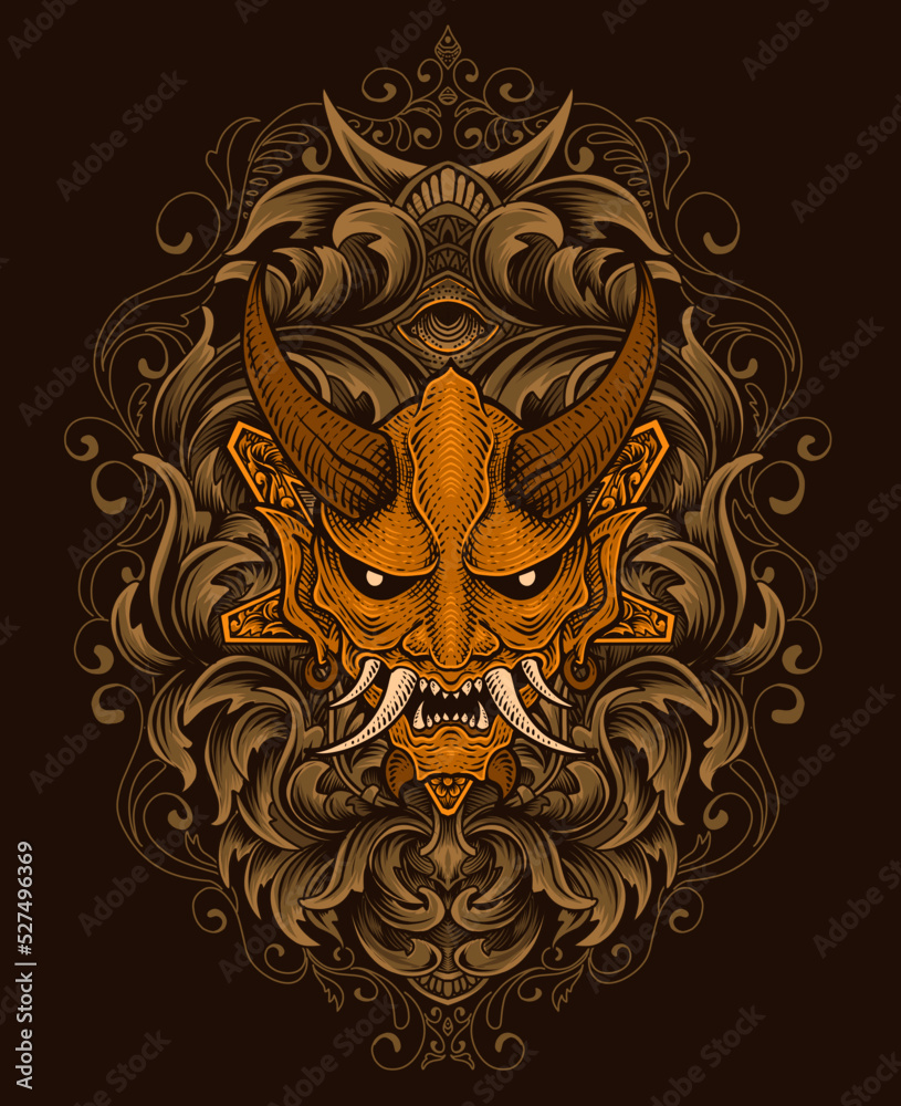 oni mask isolated with engraving ornament style