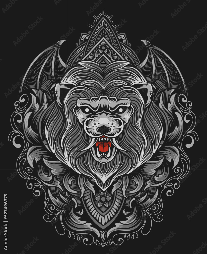 Illustration isolated lion head with engraving ornament