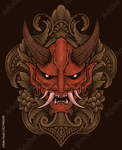 oni mask isolated with engraving ornament style