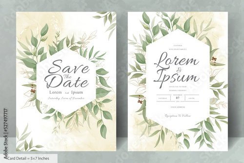 Elegant Wedding Invitation Card with Watercolor and Greenery Leaves © FederiqoEnd