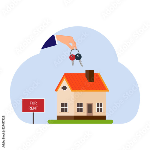 A house with keys and text for rent.