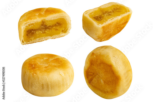 Vietnamese Vegan pia cake (or Banh Pia moon cake, durian cake) isolated on white background photo