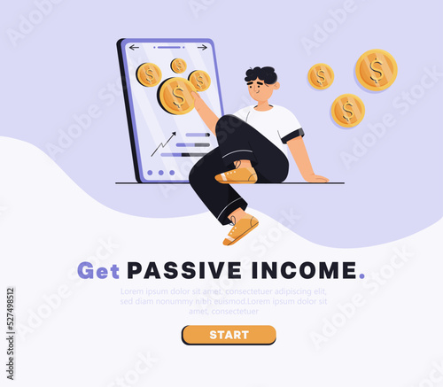 Online passive income concept. Banner with man getting coins money through mobile phone, earning or making money concept. Vector illustration in flat cartoon style.