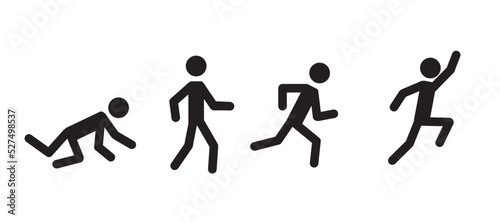 a set of pictograms of human figures, a stick man crawling, walking, running, jumping. Flat design style. Clip art image isolated on a white background.