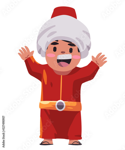 Arab turkish sultan wearing turban and red clothes happy child wearing ethnic costume