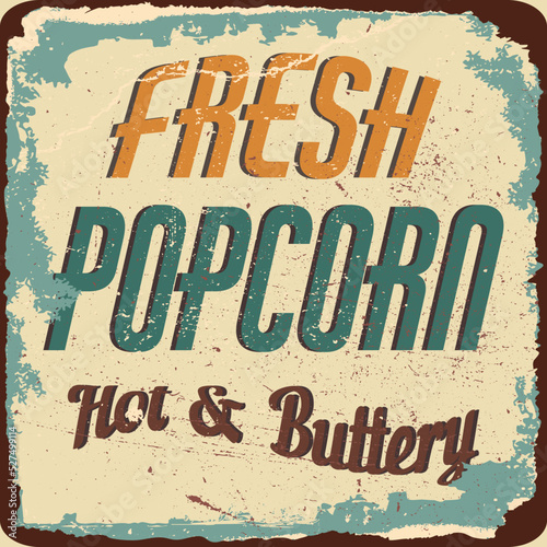 Vintage Popcorn metal sign.Retro poster 1950s style.
