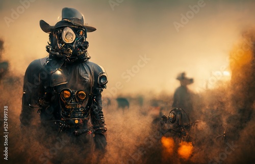 CG illustration of a man wearing a gas mask and a hat.