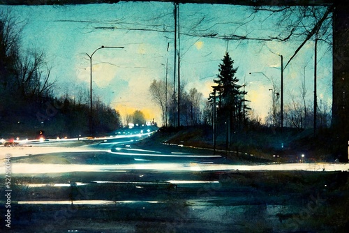 CG illustration of a road at sunset lit up.