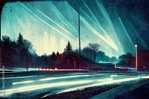 cg-illustration of a road with light running like after a car passed by.