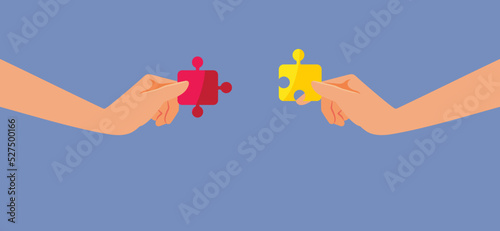 People Putting Together a Puzzle in Teamwork Effort Vector Illustration. Coworkers assembling a game working together in a partnership
