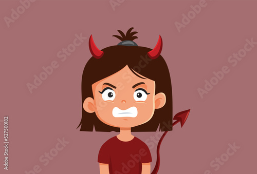 Furious Evil Child Having a Tantrum Episode Vector Cartoon Illustration. Diabolical naughty girl feeling furious making a scene acting out

