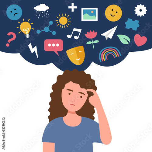 Woman thinking with imagination brain in flat design on white background. Logic and creativity brain.