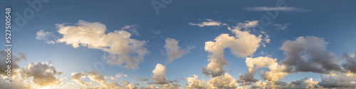 Dark blue sunset sky panorama with Cumulus clouds. Seamless hdr pano in spherical equirectangular format. Complete zenith for 3D visualization, game and sky replacement for aerial drone 360 panoramas.