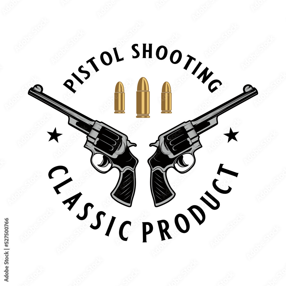 vector gun logo. two crossed pistol designs and bullets on top for club