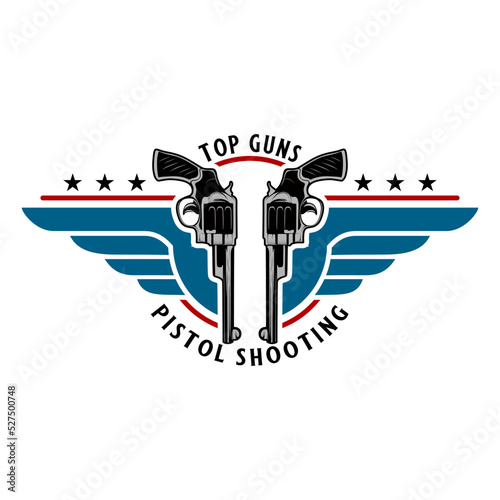 Weapon emblem vector logo. with cross gun over shield, for shooting club or gun shop.
