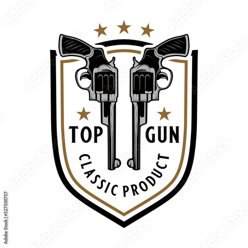 Weapon emblem vector logo. with cross gun over shield, for shooting club or gun shop.