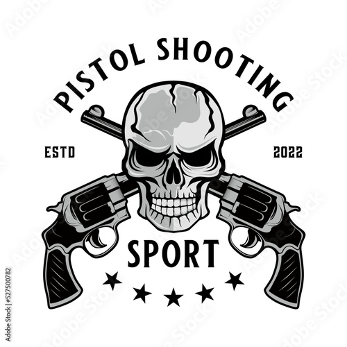 classic gun logo design two gun concept with skull in the middle, for shooting training, repair or gun shop.