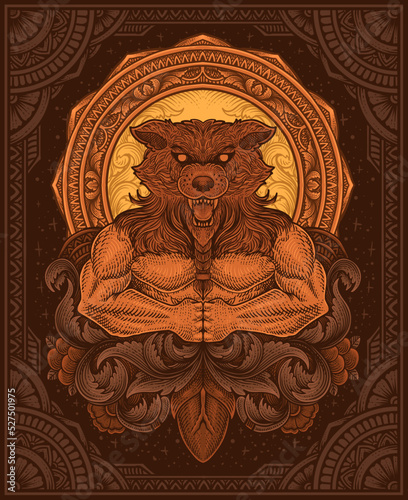 illustration wolf man with antique engraving ornament style