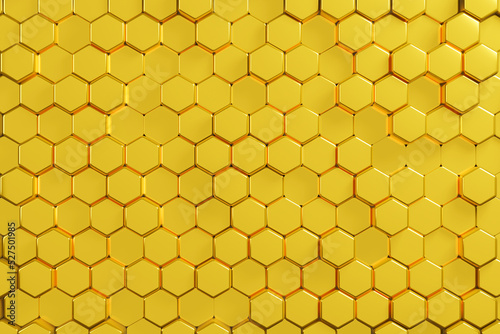 Honeycomb mosaic golden geometric pattern futuristic background. 3d illustration realistic abstrac gold wallpaper  hexagon mesh cells texture.
