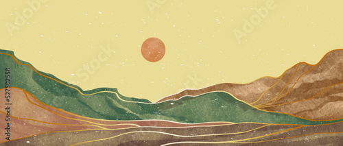 creative minimalist hand painted illustrations of Mid century modern. Abstract contemporary aesthetic backgrounds landscapes with Mountain, hill, sunset, sea. vector illustrations