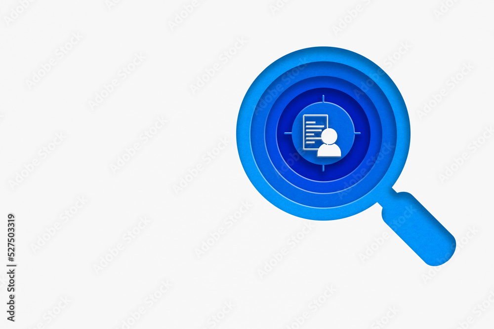people icon with data inside magnifying glass, 3D illustration, paper cut on grunge grey background including copy space people icon with data inside magnifying glass, 3D illustration, paper cut on grunge grey background including copy space