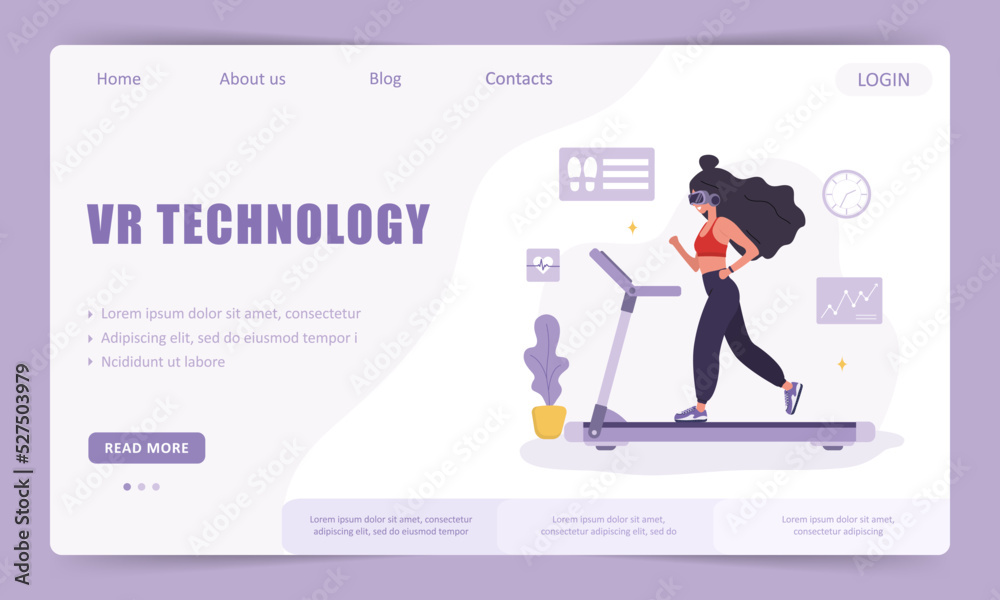 VR technology landing page template. Woman in VR glasses running on treadmill. Metaverse or Cyberspace concept. Modern technology entertainment. Vector illustration in flat cartoon style.