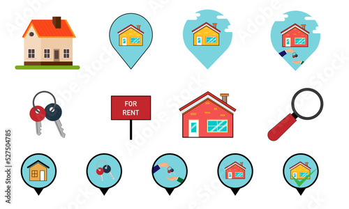 The topic of selling and renting housing. Set of illustrations: house, keys, magnifying glass, rent, country house.