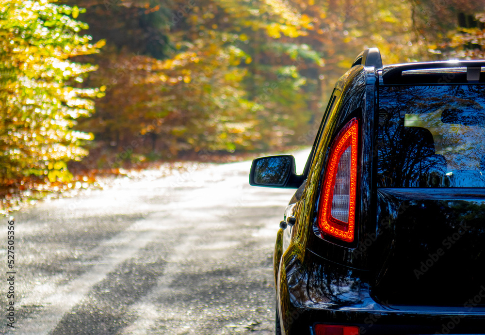 Car traveling in fall forest Car traveling in fall forest