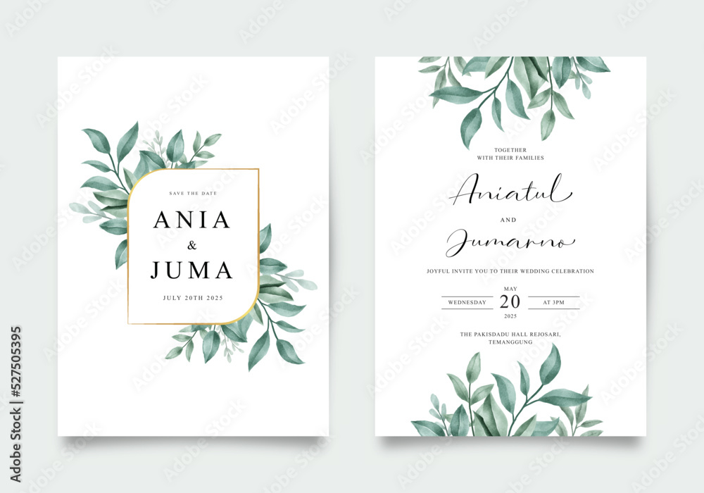 Elegant wedding invitation with green leaves