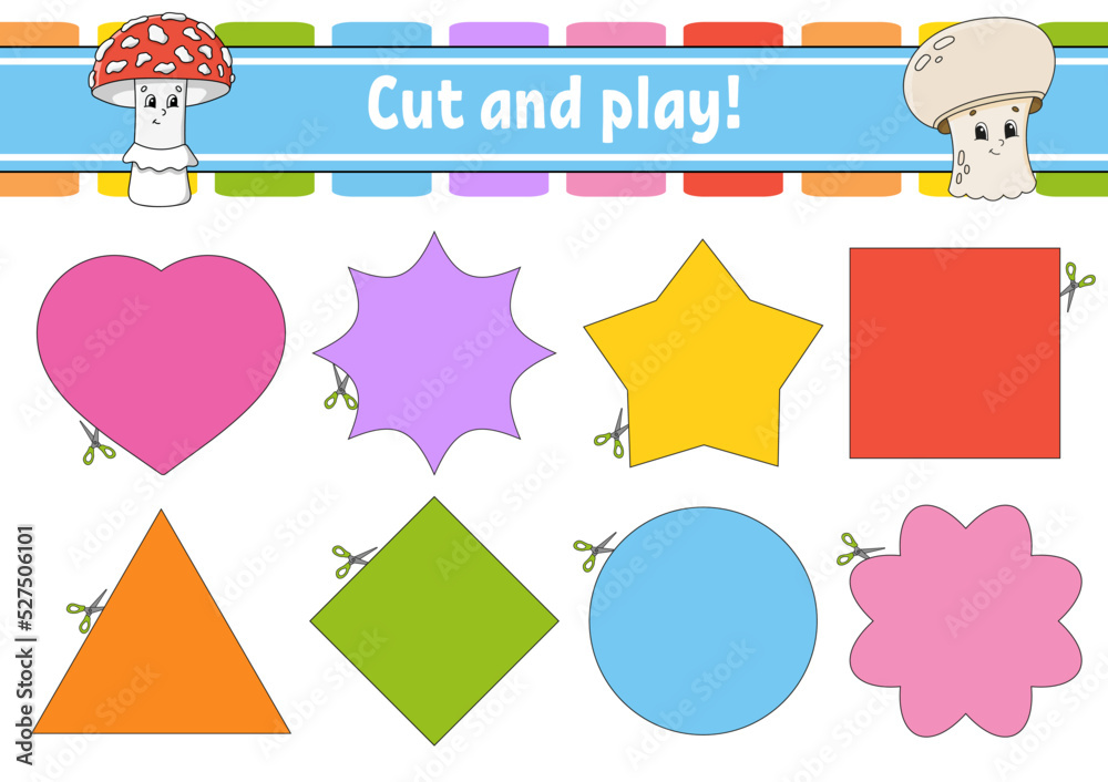Fototapeta premium Cut and play. Logic puzzle for kids. Education developing worksheet. Learning game. Activity page. Cutting practice for preschool. Simple flat isolated vector illustration in cute cartoon style.