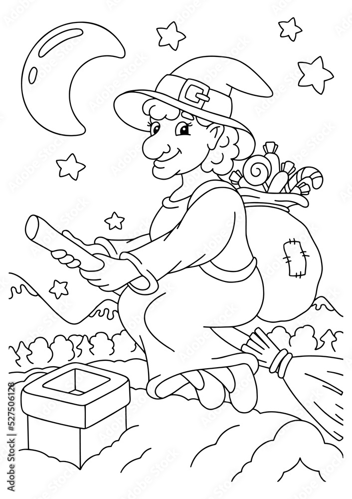 Cute Befana flies on a broomstick with a bag of gifts. Coloring book