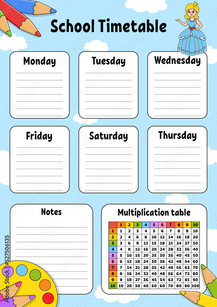 School timetable with multiplication table. For the education of ...
