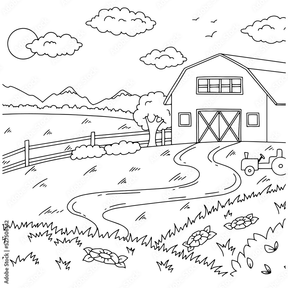 Wonderful natural landscape on farm. Coloring book page for kids. Cartoon style. Vector illustration isolated on white background.