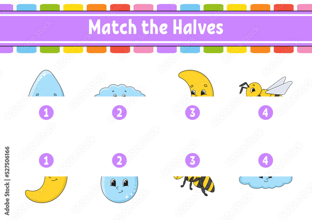 Match the halves. Education developing worksheet. Matching game for kids. Color activity page. Riddle for children. Cute character. Vector illustration. Cartoon style.
