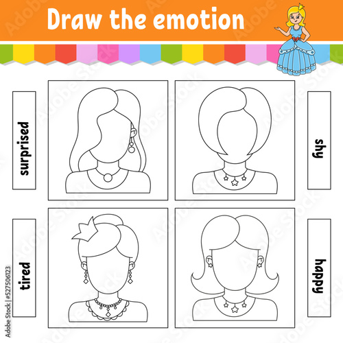 Draw the emotion. Worksheet complete the face. Coloring book for kids. Cheerful character. Vector illustration. Black contour silhouette. Isolated on white background.