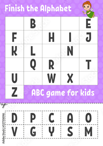 Finish the alphabet. ABC game for kids. Cut and glue. Education developing worksheet. Learning game for kids. Color activity page.