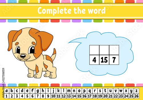 Complete the words. Cipher code. Learning vocabulary and numbers. Education worksheet. Activity page for study English. Isolated vector illustration. cartoon character.