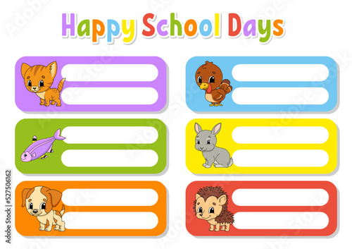 Bright stickers. School name label. Rectangular label. Color vector isolated illustration.