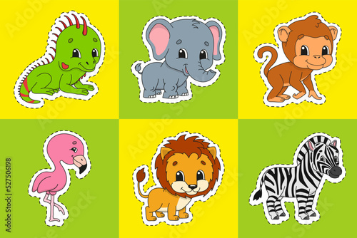 Set of bright color stickers for kids. Animal theme. Cute cartoon characters. Vector illustration isolated on color background.