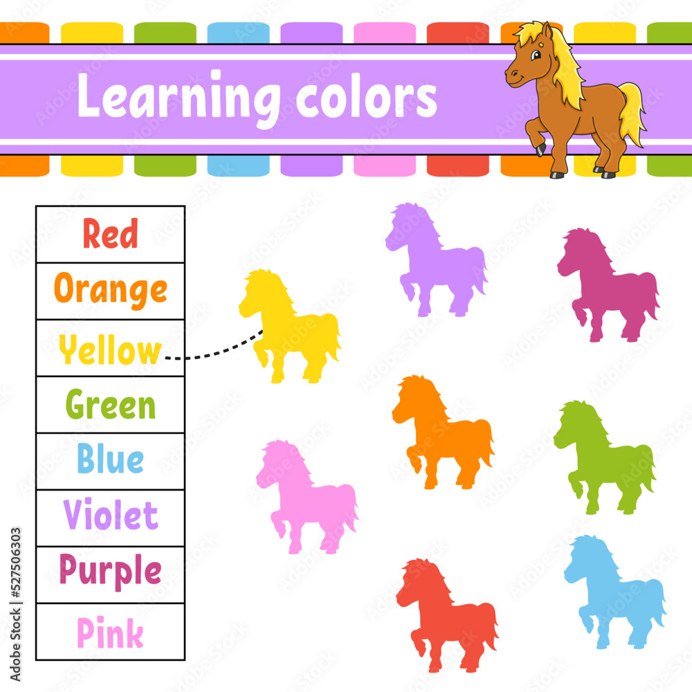 Obraz premium Learning colors. Education developing worksheet. Activity page with pictures. Game for children. Funny character. cartoon style. Vector illustration.