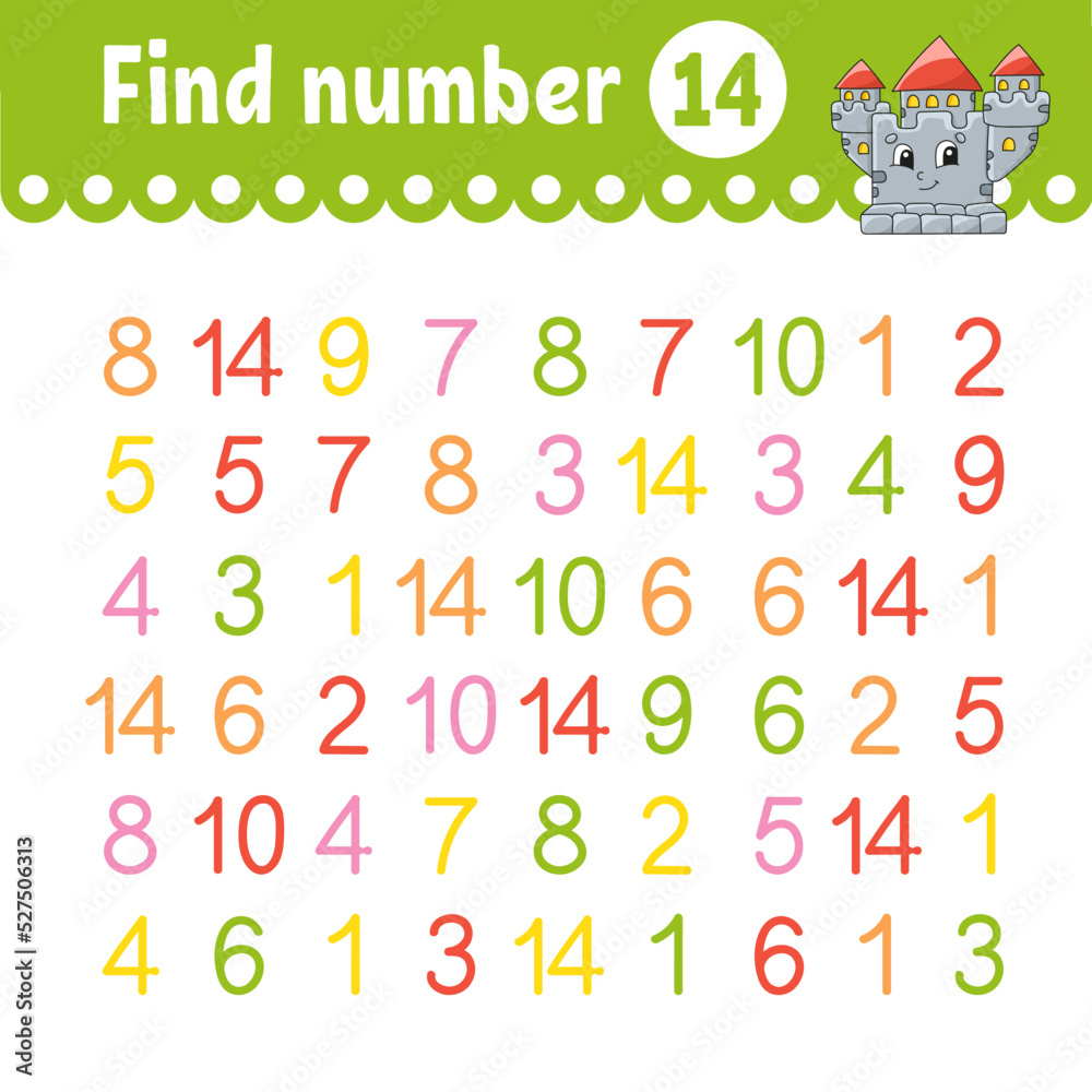 Find number. Education developing worksheet. Activity page with pictures. Game for children. Funny character. cartoon style. Vector illustration.