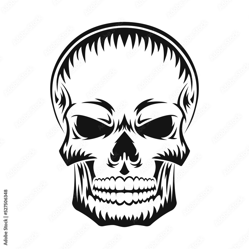 Fototapeta premium Human skull. Black silhouette. Design element. Hand drawn sketch. Vintage style. Vector illustration isolated on white background.