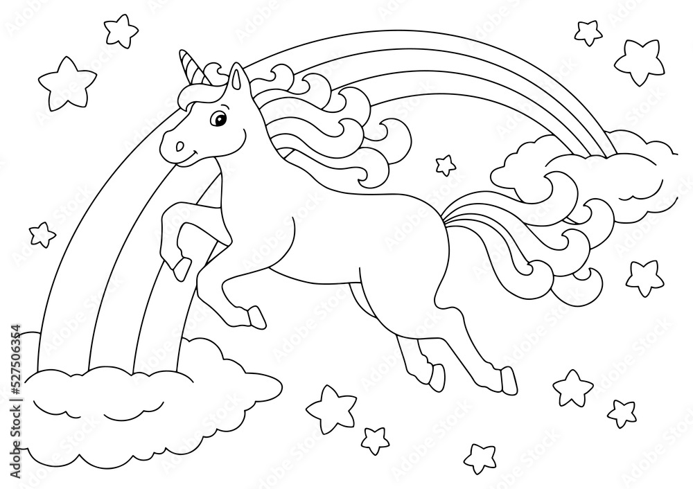 A beautiful unicorn flies across the starry sky. Coloring book page for