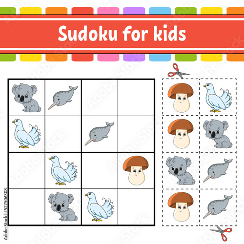 Sudoku for kids. Education developing worksheet. Activity page with pictures. Puzzle game for children. Logical thinking training. Isolated vector illustration. Funny character. cartoon style.