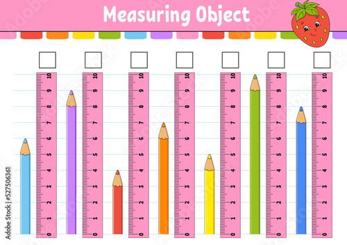Measuring length in centimeter with ruler. Education developing worksheet. Game for kids. Color activity page. Puzzle for children. Cute character. Vector illustration. cartoon style.