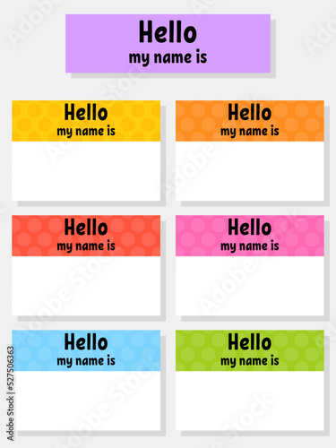 Hello name badge. Bright stickers. Rectangular label. Color vector isolated illustration. photo
